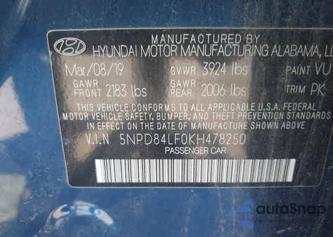 2019 Hyundai Elantra Sel z USA, uszkodzony, nr VIN 5NPD84LF0KH478250